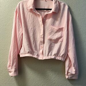 Cropped Pink Button Down Shirt with Elastic Cuffs